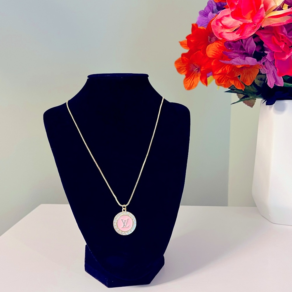 Gold and Pink Enamel LV Crystal Charm with Necklace